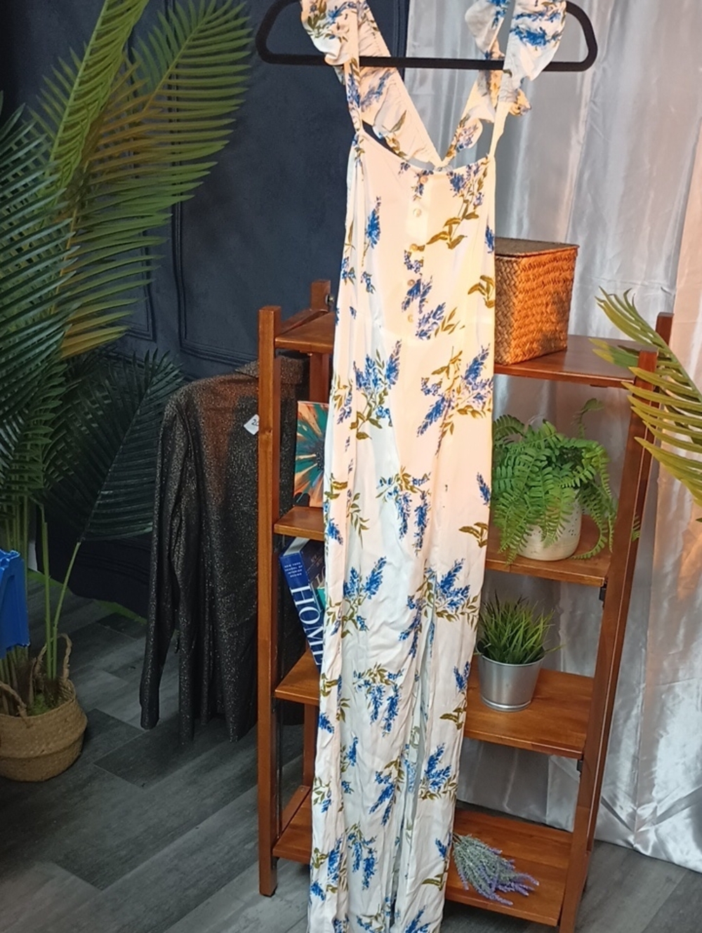 Forever 21 White Dress with Blue Floral & Green Leaf Print